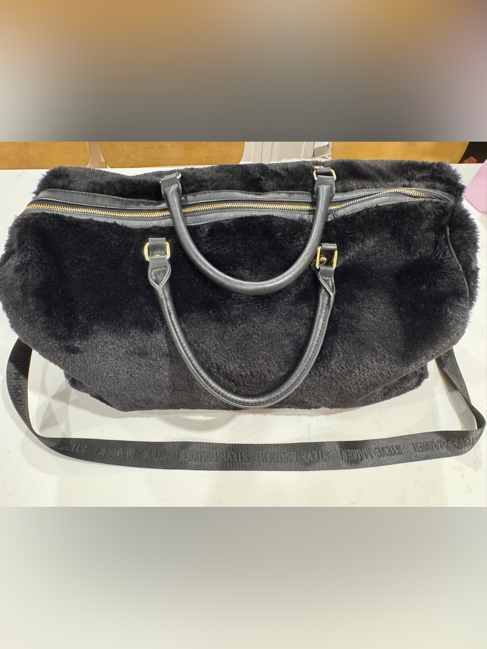 Steve Madden Faux Fur Black Weekend Duffle Bag with Shoulder Strap & Handles